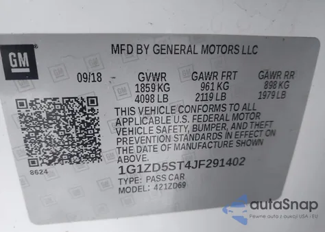 2018 Chevrolet Malibu Lt z USA, uszkodzony, nr VIN 1G1ZD5ST4JF291402